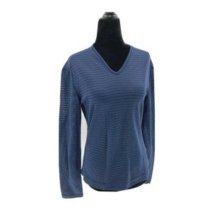 Versace Jeans Navy Blue Stripes Long Sleeve Fitted Sheer Mesh Blouse Top Sz L